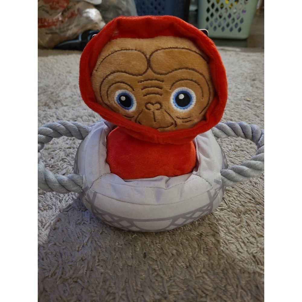 NEW E.T. Dog Pet Toy Halloween Plush Squeaker Riding In Basket Rope Handles ET